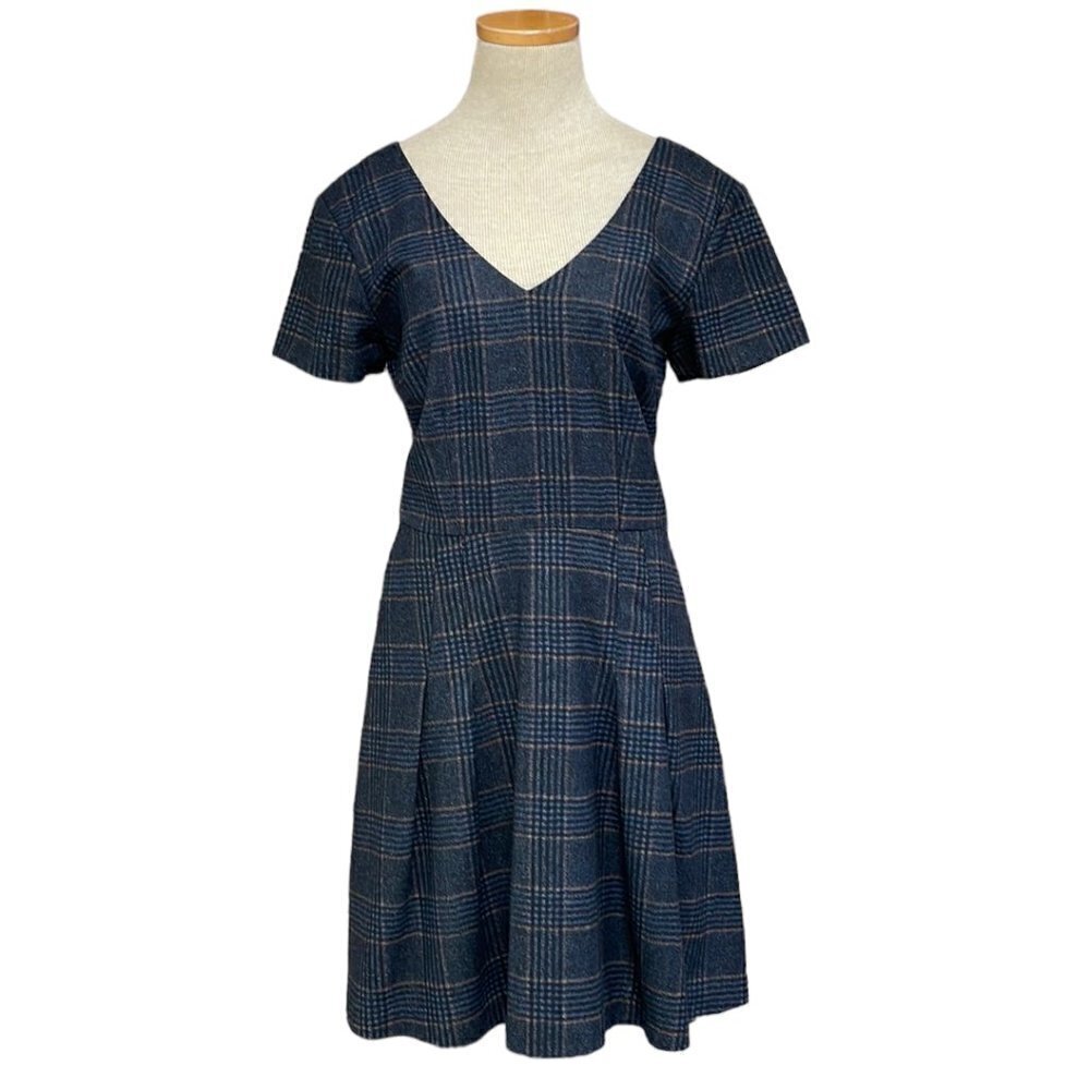 Joie Dress V Neck Short Sleeve Virgin Wool Tweed Plaid Blue Size Small S
